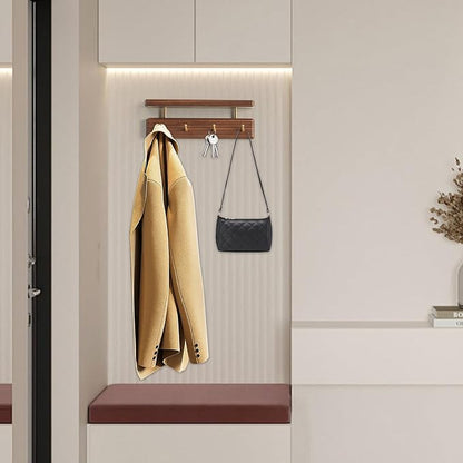 Solid Wood Shelf with Hooks, 12 inch Coat Rack Wall Mount, Shelves with 4 Brass Hooks for Hanging in Entryway, Living Room, Bathroom, Bedroom, Kitchen(Walnut)