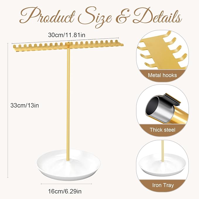 Jewelry Organizer Stand, Metal Necklace Holder Display With 42 Hooks, Gold Jewelry Holder for Necklaces, Bracelets, Rings, Bedroom College Dorm Decor for Women and Girls