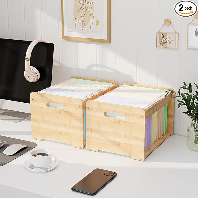 LONTAI 2 Pack Bamboo Hanging File Organizer, Office Desk File Organizer for Letter Size, Wood Hanging File Folders Organizer Record Holder Storage Stand Bookshelf Easy Assembly for Home, Natural