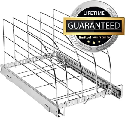 HOLDN’ STORAGE Pull Out Organizer for Bakeware, Cutting Board and Trays, Adjustable Dividers - Heavy Duty, Lifetime Limited Warranty - For Narrow Cabinet Spaces, 14.5”W x 21”D x 11”H, Chrome