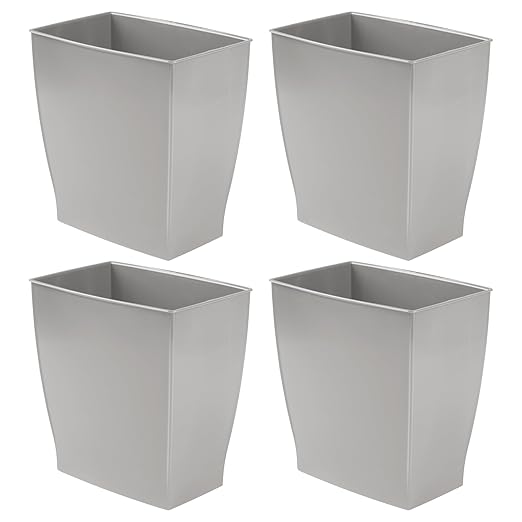 iDesign Small Plastic Bathroom Trash Can, Slim Rectangle Garbage Bin for Bedroom, Office, Dorm, 4-Pack, Gray