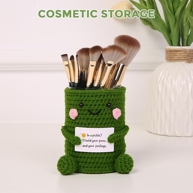 SKYDUE Crocheted Pen & Pencil Holder with Inspirational Card - Handmade Desk Organizer for Office, School, Home - Functional Desk Decor Pen Cup
