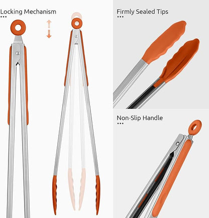 600ºF Heat Resistant Kitchen Tongs: U-Taste 16 inch Extra Long Large Silicone Cooking Tong with Sturdy Non Stick Rubber Tips & Non Slip Silicon Coated 18/8 Stainless Steel Handle for Grill BBQ(Orange)