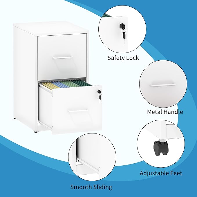2 Drawer Mobile File Cabinet, Metal Under Desk Filing Cabinet with Lock and Wheels, Home Office Rolling File Cabinet for Legal/Letter Hanging File Folders, Un-Assembled, White