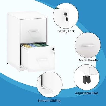 2 Drawer Mobile File Cabinet, Metal Under Desk Filing Cabinet with Lock and Wheels, Home Office Rolling File Cabinet for Legal/Letter Hanging File Folders, Un-Assembled, White