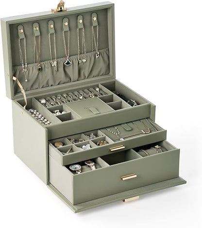 3-Tier Jewelry Box, Jewelry Organizer Box with 2 Drawers, Large Storage Capacity for Necklace Bracelets Earrings Rings, Lockable, Christmas Gift for Women, Green