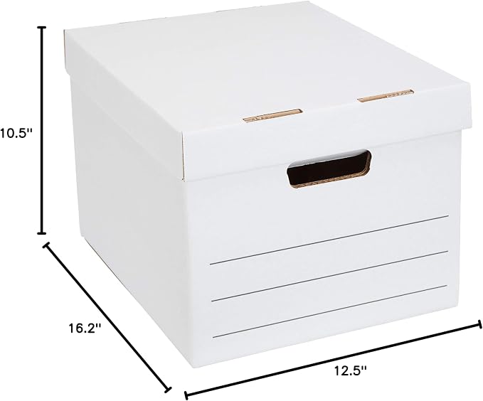 Amazon Basics Medium Duty Storage/Filing Boxes with Lid and Handles, Legal/Letter Size, Collapsible, Foldable, Tape-Free Assembly, 16.2" L x 12.5" W x 10.5" H, White, 12-Pack