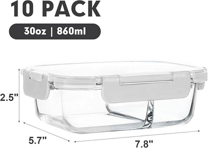 M MCIRCO [10-Pack,30 Oz Glass Meal Prep Containers 2 Compartments Airtight Lunch Bento Boxes with Lids, Glass Food Storage Containers, Microwave, Oven, Freezer and Dishwasher, White