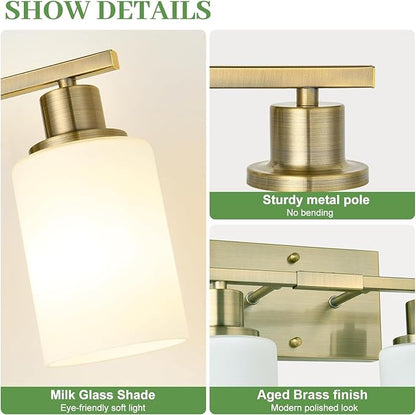 3-Light Bathroom Light Fixtures, Aged Brass Vanity Light with Milky White Shades, Bathroom Lighting Fixtures Over Mirror, Modern Bathroom Wall Lamp for Mirror Living Room Cabinet Bedroom