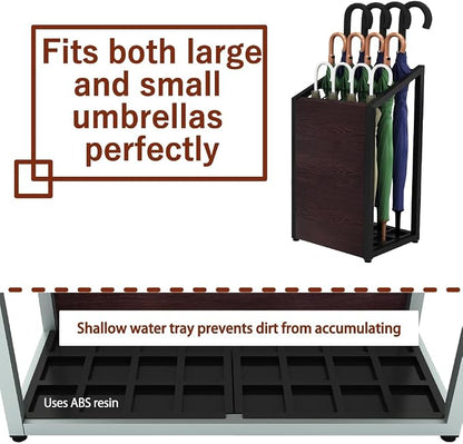 AKIRA Large Capacity Umbrella Stand for 24-Umbrellas Modern Brown Wood Grain & Black Metal Entryway Organizer Rack Holder for Office or Lobby, Model US-US-0625-BKDB