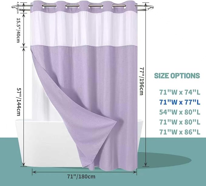 Lavender No Hook Waffle Weave Shower Curtain with snap-in Liner Replacement, 230GSM Waterproof Fabric Hotel Shower Curtain Set for Bathroom, Through Mesh Top Window,71Wx77H
