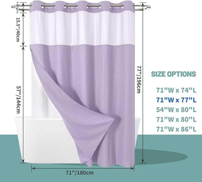Lavender No Hook Waffle Weave Shower Curtain with snap-in Liner Replacement, 230GSM Waterproof Fabric Hotel Shower Curtain Set for Bathroom, Through Mesh Top Window,71Wx77H