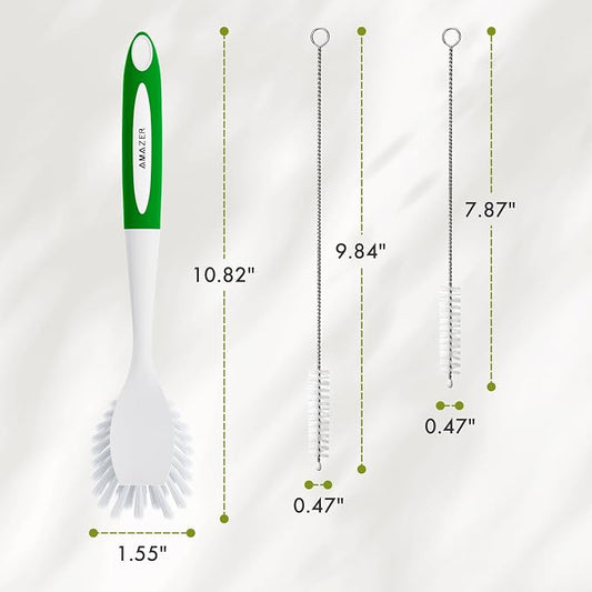 Amazer 4 Pack Dish Brush with Handle, 2 Kitchen Scrub Brushes for Cleaning, 2 Straw Cleaner Brushes for Water Bottle, Dish Scrubber with Stiff Bristles for Sink