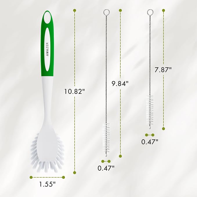 Amazer 4 Pack Dish Brush with Handle, Kitchen Scrub Brushes for Cleaning, Straw Cleaner Brushes for Water Bottle, Dish Scrubber with Stiff Bristles for Sink
