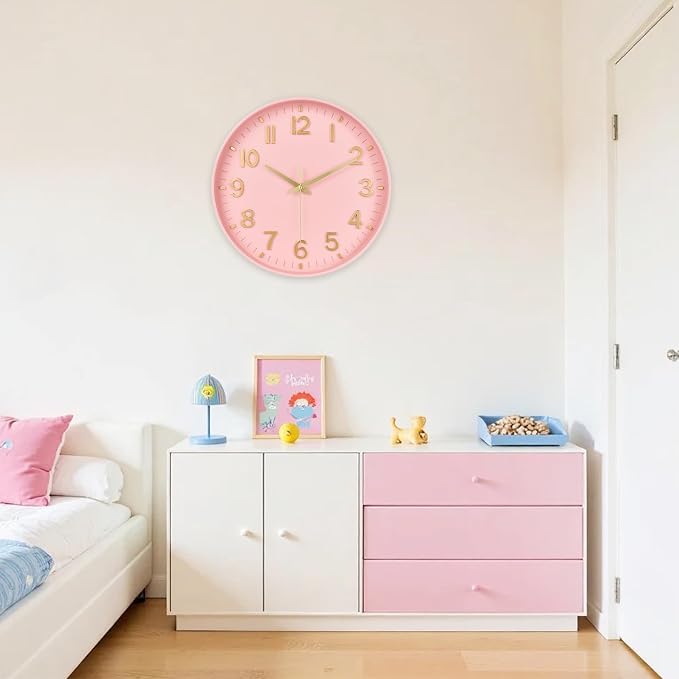 HZDHCLH Wall Clocks Battery Operated,Wall Clock Pink Gold 8 inch Wall Clock Silent Non Ticking Modern 3D Numbers for Office Kitchen Classroom Bedroom Living Room Decor