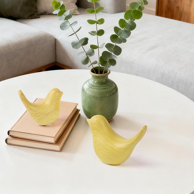 WhimWove 2 Pcs Ceramic Small Bird Figurines Modern Animal Statues for Home 、Room Decor and Bedroom Decor and Bookshelf Display (Light Wood Grain)