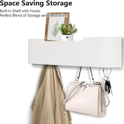 Coat Rack Wall Mount with Shelf 4 Hidden Hooks Modern Wooden Key Holder Entryway Organizer for Hallway Bedroom Bathroom Home Decor Storage for Hanging Coats Hats Bags Towels, White