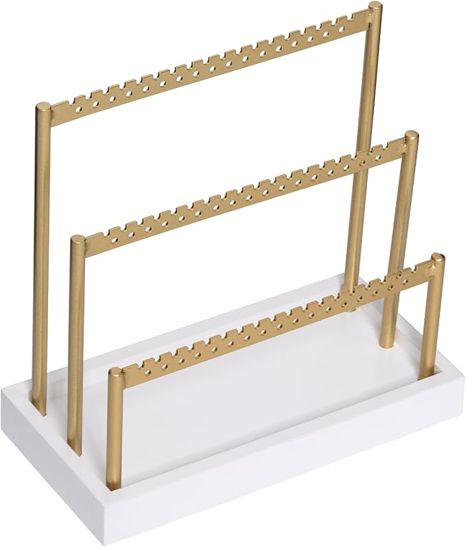 SANY DAYO HOME 3-Tier Earring Holder Organizer Stand, 105 Holes Gold Metal Earring Rack Jewelry Display Tree with White Wood Tray for Women and Girls