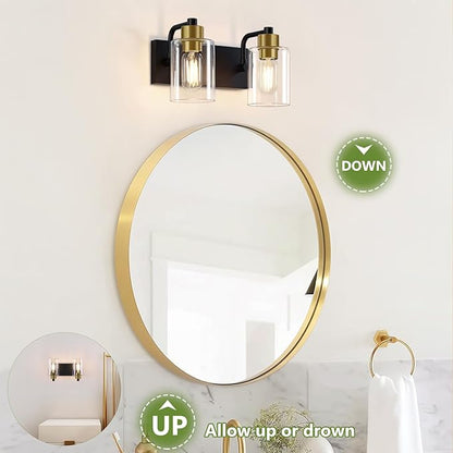 Bathroom Light Fixtures, Matte Black and Gold 2-Light Bathroom Lights Over Mirror with Clear Glass Shade,Wall Sconces for Bathroom