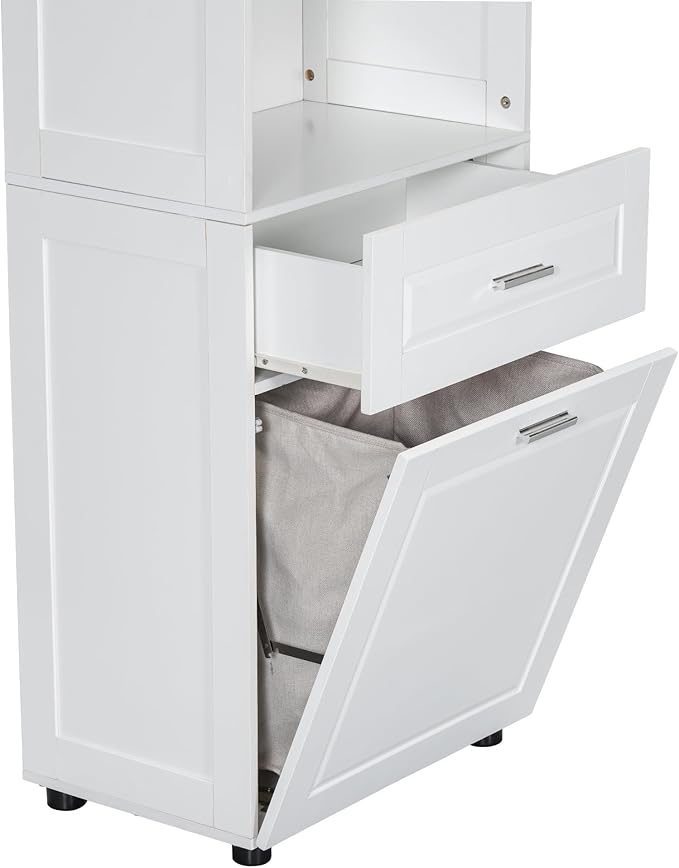 70" Tall Bathroom Storage Cabinet with Two Doors and Drawer, Open Space and Laundry Hampers for Home Display Organizer, Removable Laundry Basket, Adjustable Shelf, White