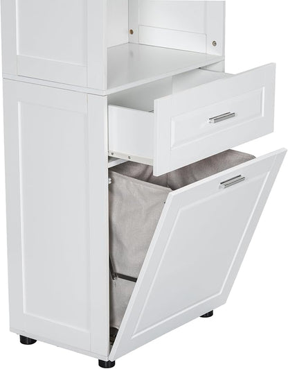 70" Tall Bathroom Storage Cabinet with Two Doors and Drawer, Open Space and Laundry Hampers for Home Display Organizer, Removable Laundry Basket, Adjustable Shelf, White