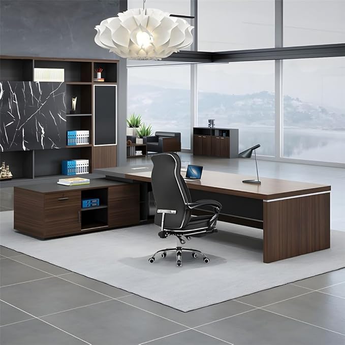 NIUYAO L-Shape Desk Executive Computer Desk with Drawers Brown/Grey Modern Writing Table Storage Shelves Work Desk PC Table Home Office Study Desk Without Chair -79" L x 71" W x 29.5" H (Left)