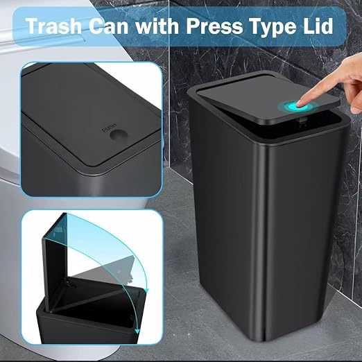 Compact Push-in Trash Can with Lid for Bathrooms, Kitchens, Living Rooms, Offices, Etc., Trash Can with Pop-Up Lid, 10 Liter/2.6 Gallon Slimline (Black，2 Pieces)