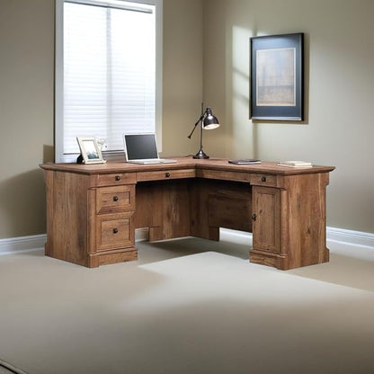 Pemberly Row Home Office L Shaped Corner Desk with Computer Tower Storage and Letter/Legal File Drawer, Vintage Oak