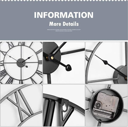 Antique Tower 30 inch Large Roman Numeral Wall Clock, Indoor Outdoor Patio Waterproof Oversized Decorative Contemporary Clock, Antique Black Metal Wall Clock Battery Operated Retro Art Hanging Clock,3