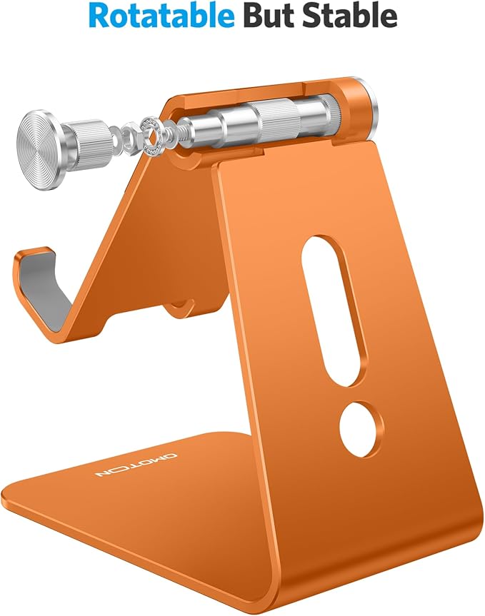 OMOTON Adjustable Cell Phone Stand, Aluminum Desktop Cellphone Stand with Anti-Slip Base and Convenient Charging Port, Fits All Smart Phones, Orange