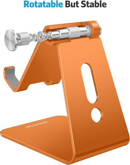 OMOTON Adjustable Cell Phone Stand, Aluminum Desktop Cellphone Stand with Anti-Slip Base and Convenient Charging Port, Fits All Smart Phones, Orange