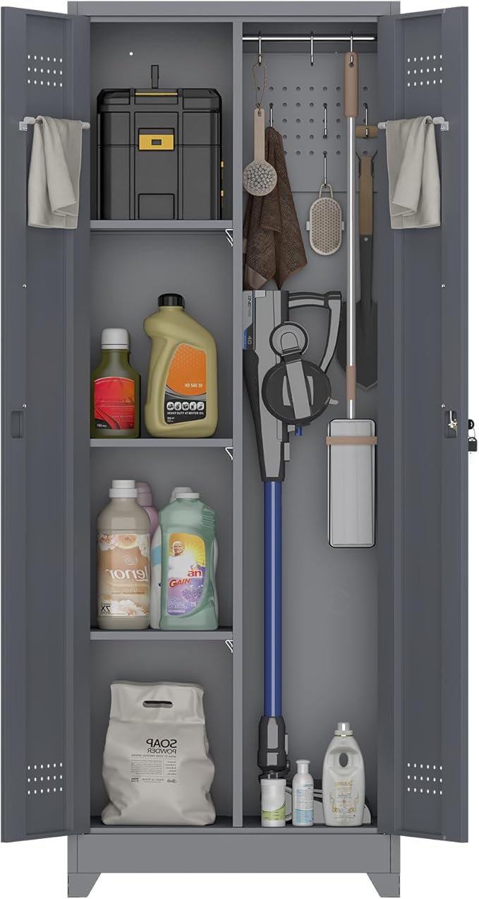 65" H Metal Storage Cabinet,Broom Closet Storage Cabinet with Adjustable Shelves,Locking Steel Cabinets with Pegboard and Hanging Rod,Utility Closet for Brooms and Mops,Grey