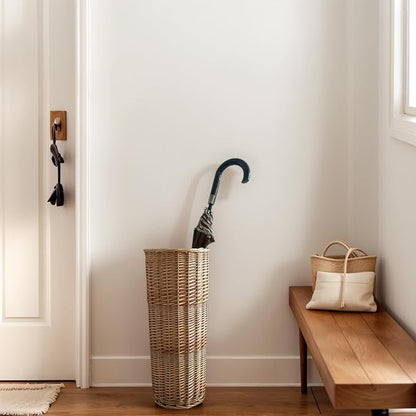 Natural Rattan Umbrella Stand for Entryway, 21.2H x 9.4L x 9.4W, Detachable Drip Tray & 2 Metal Hooks – Storage for Umbrellas, Canes & Walking Sticks, Stylish Home Decor