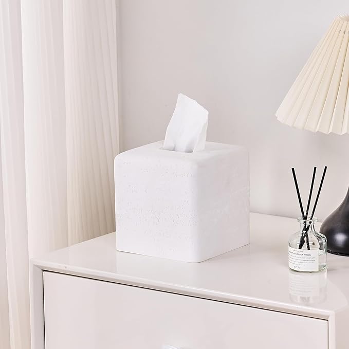 White Natural Travertine Textures Square Tissue Box Cover Holder, Resin Tissue Box Holder Decorative for Bathroom, Vanity, Kitchen Countertop, Bedroom Night Stands, Office Desk Top