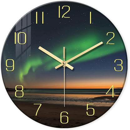 Decorative Wall Clocks Battery Operated 12 Inch Teal Glass Analog Wall Clock for Kitchen Beach Non Ticking Wall Clock Silent