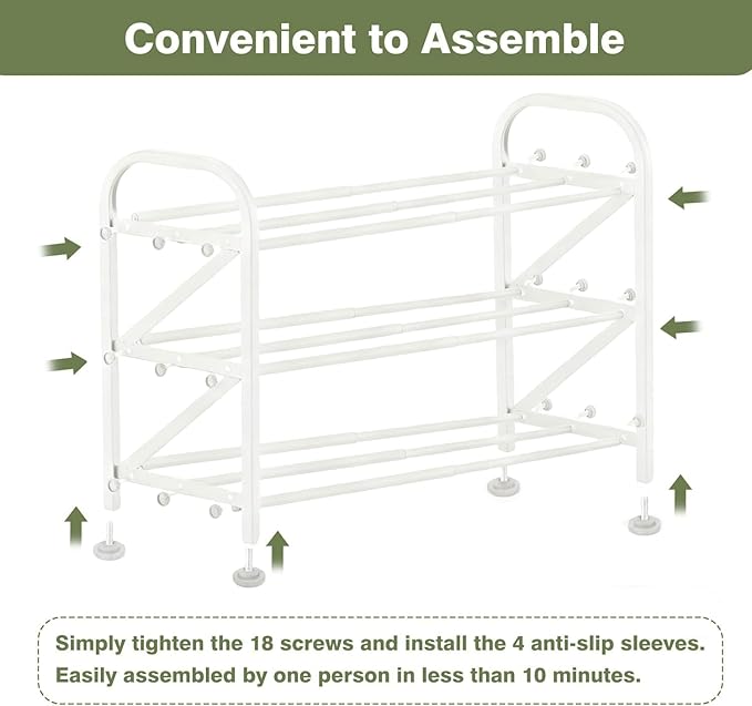 3-Tier Shoe Rack for Closet, 16"-33" Expandable ShoeRackAdjustable for Entryway Closet Doorway SturdyMetal, White
