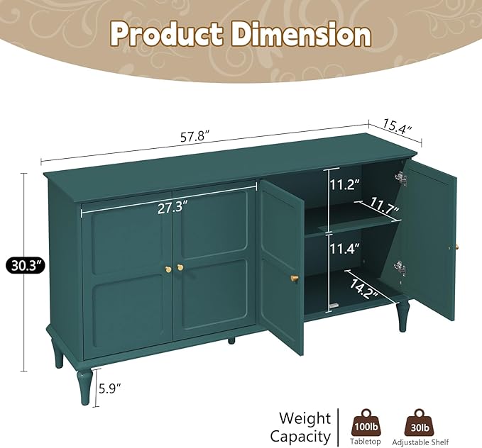 ARTPOWER 58'' Mid-Century Modern Buffet Storage Cabinet with 4 Doors and Adjustable Shelves, Accent Style Sideboard for Entryway, Dining Room, Living Room, Green
