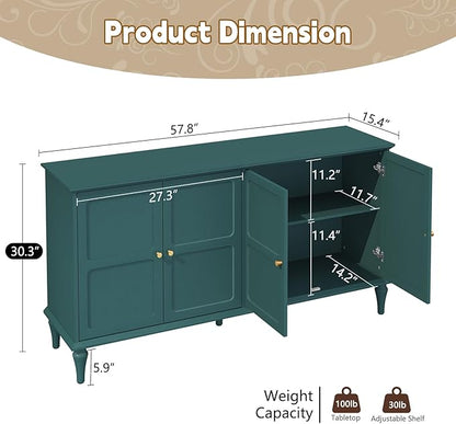 ARTPOWER 58'' Mid-Century Modern Buffet Storage Cabinet with 4 Doors and Adjustable Shelves, Accent Style Sideboard for Entryway, Dining Room, Living Room, Green