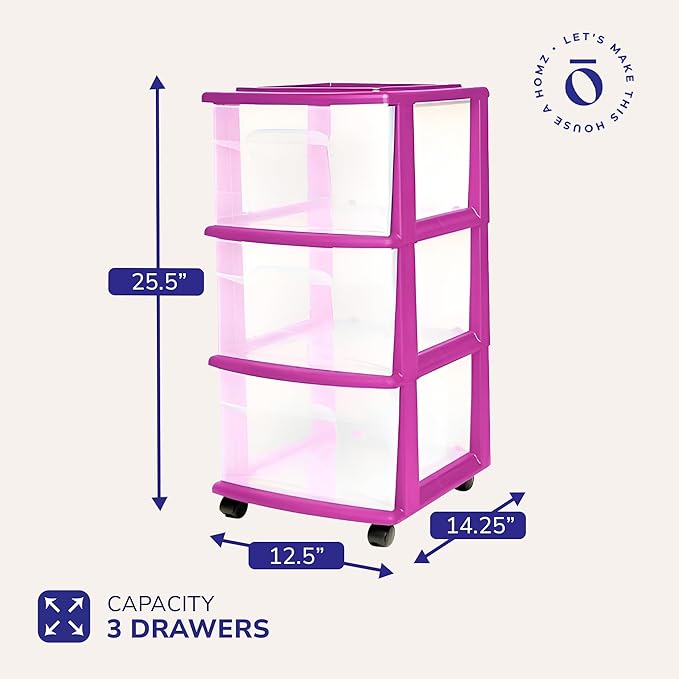 HOMZ 3-Drawer Storage Cart, Plastic Home and Office Organizer, Purple Frame