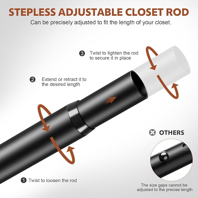 Closet Rods for Hanging Clothes, 17-56 Inch Stepless Adjustable Closet Rod, 1.3 Inch Heavy Duty Metal Clothes Hanging Rod, Expandable Closet Bar Hanger Rod Black for Closet Wardrobes Laundry RV