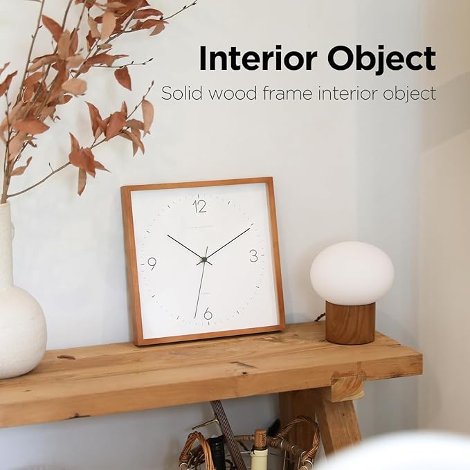 mooas Wooden Frame Flatwood Wall Clock,12" Non-Ticking Sweep Movement Decorative Wood Battery Operated Wall Clock for Home Living Room Kitchen Bedroom Office School Cafe (Light Brown)