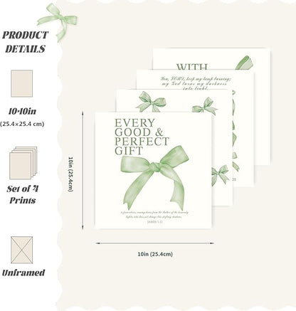 LARTSFRO Coquette Sage Green Bow Wall Art Decor Posters, Sage Green Bow Room Bedroom Bathroom Wall Art Decor Aesthetic for Teen Girls Gifts, Inspirational Bible Verses Bow Wall Decor, 10x10 Inch Set of 4 Bow Pictures Unframed