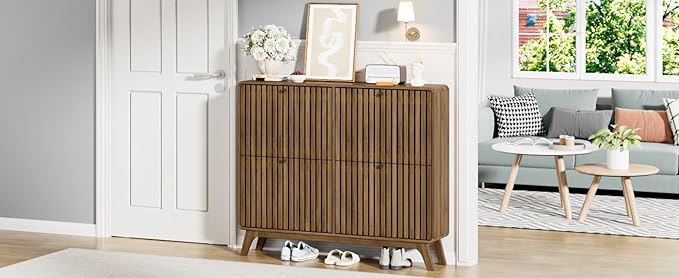 Large Shoe Cabinet for Entryway, Bamboo Narrow Shoe Cabinet Storage with 4 Flip Drawers, Slim Fluted Shoe Rack Organizer for Entry Way, Hallway, Thin, Skinny, Wood, Walnut