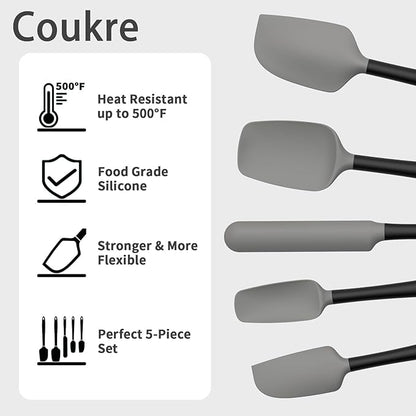 Coukre Silicone Spatula Set of 5,High Temperature Resistant, Food Grade Silicone, Dishwasher Safe, for Baking, Cooking (Gray Black)