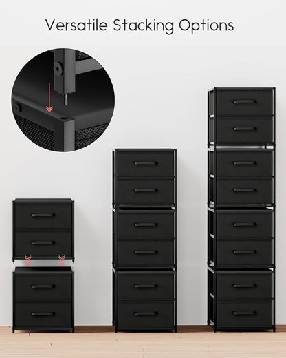 Homsorout Stackable Storage Drawers - 2 Tier Closet Organizer with Metal Handles, Fabric Dresser with Collapsible Bins for Bedroom, Dorm, Office, Black, 2 Pack