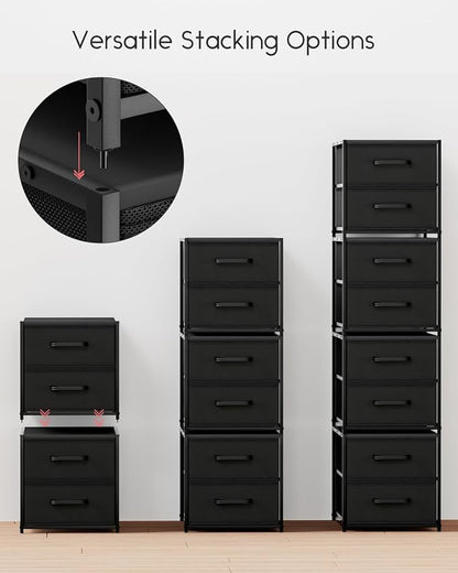 Homsorout Stackable Storage Drawers - 2 Tier Closet Organizer with Metal Frame and Handles, Fabric Dresser with Collapsible Bins for Bedroom, Dorm, Office, Black, 1 Pack