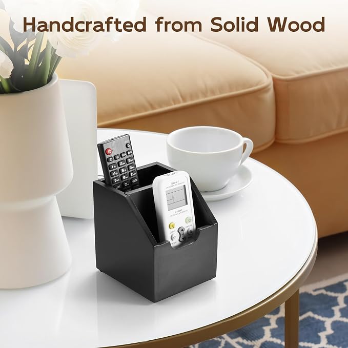 Remote Control Holder, TV Remote Holder, Wood Farmhouse Remote Caddy for Table, Remote Organizer Caddy with 2 Slots, Remote Storage Box for Home Office, Black