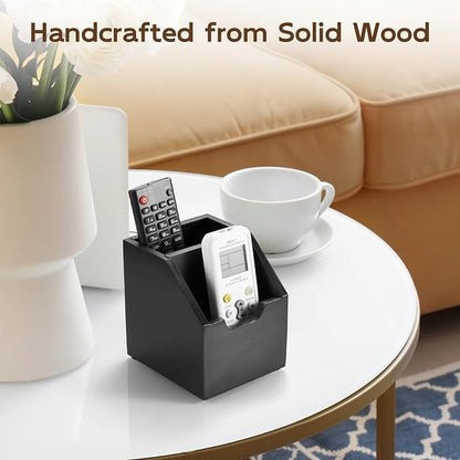 Remote Control Holder, TV Remote Holder, Wood Farmhouse Remote Caddy for Table, Remote Organizer Caddy with 2 Slots, Remote Storage Box for Home Office, Black