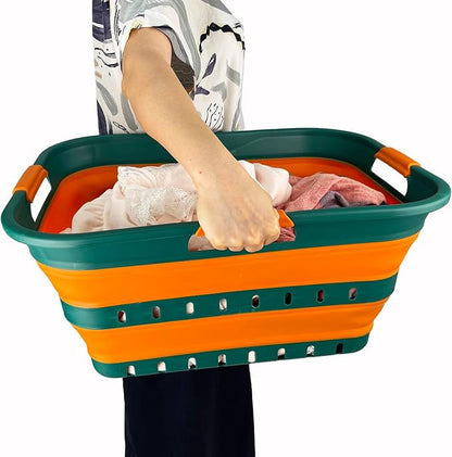 SAMMART 42L (11 gallon) Collapsible Plastic Laundry Basket - Foldable Pop Up Storage Container/Organizer - Space Saving Hamper/Basket (1, Teal Green/Autumn leaf)