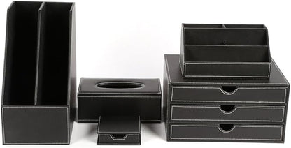 KINGFOM Desk Organizer Set 5PCS Office Supplies Synthetic Leather Files Holder Cabinet Desk Organizer Drawer, Multifunction Organizer Box, Tissue Box Holder and Sticky Notes Dispenser Case (T08-Black)